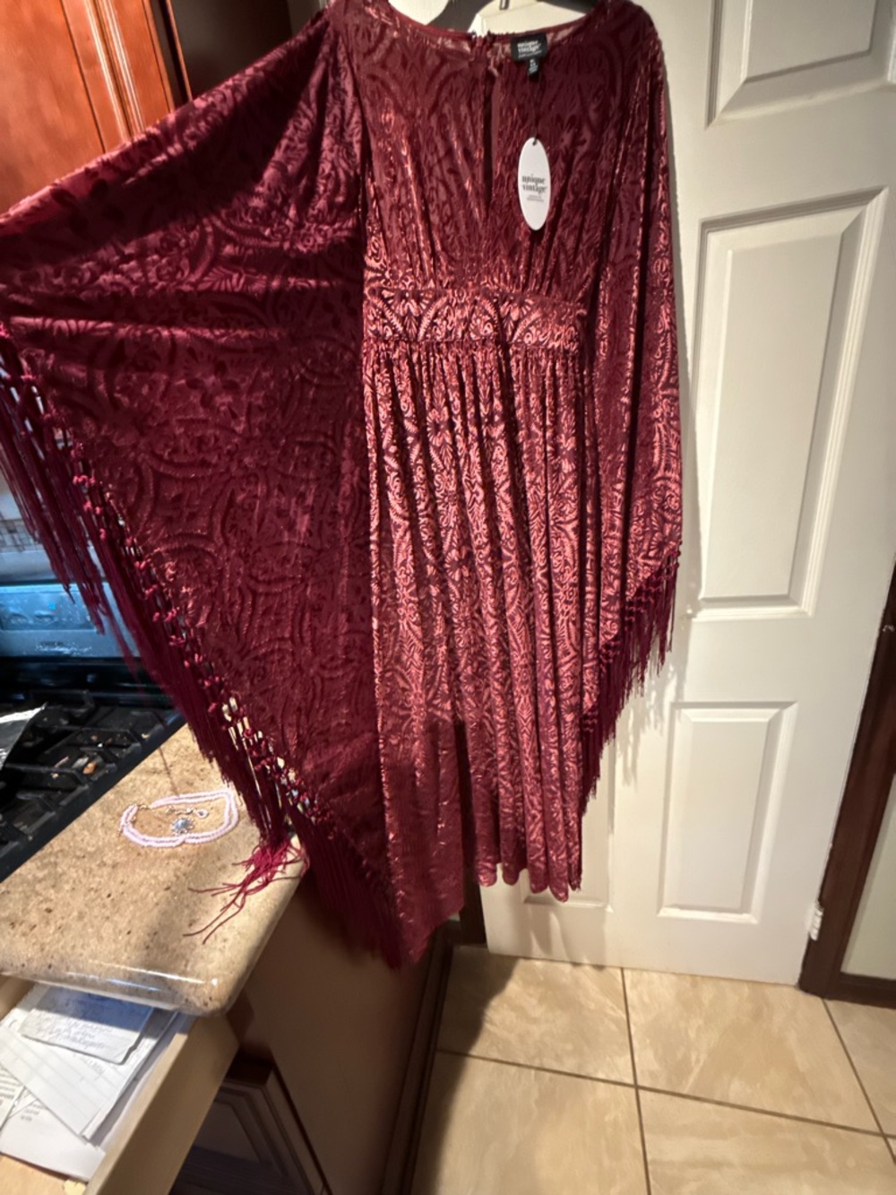 Unique Vintage flutter sleeve Kaftan Dress  Fringe Detail & cold shoulder design - Picture 13 of 17